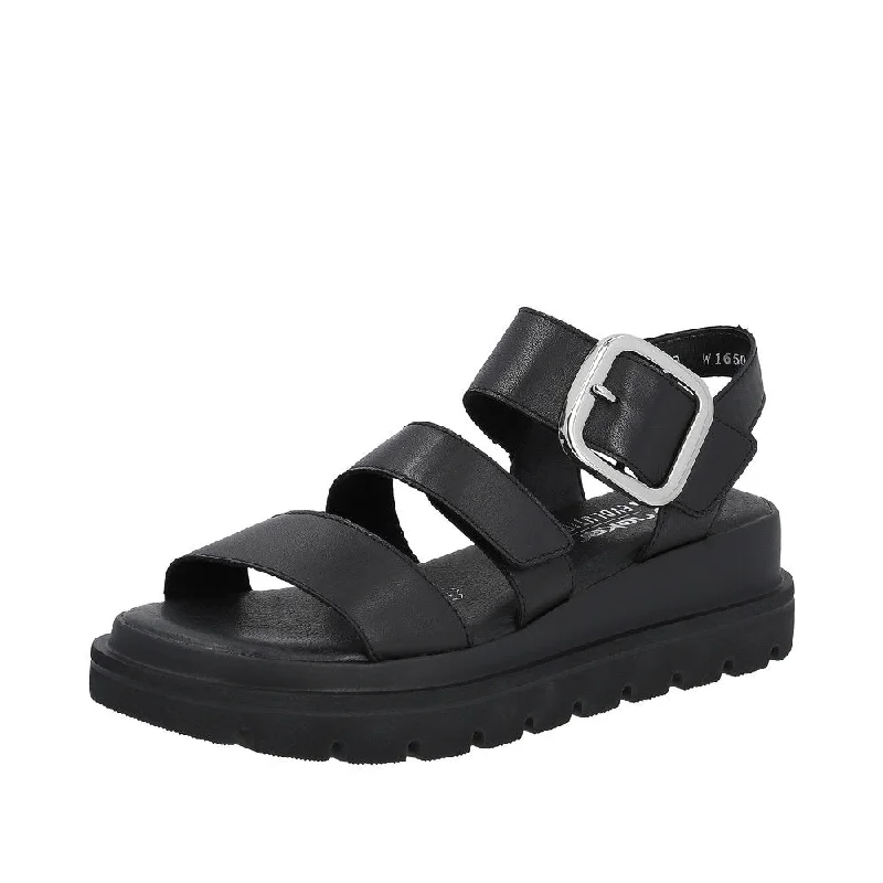 Sandals for rugged terrain -Rieker W1650-00 Ladies Black Leather Touch Fastening Sandals