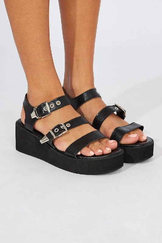 Sandals with classic style -Black Double Buckle Wedges Sandals