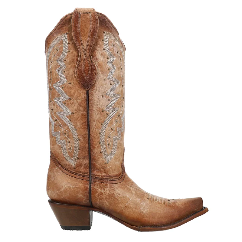 Cowboy boots for western fairs-Ld Brown Embroidery & Studs Snip Toe Cowboy Boots