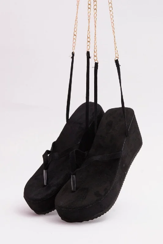 Sandals with bold heel -Black Chain Decor Tie Leg Toe Post Wedge Thong Sandals