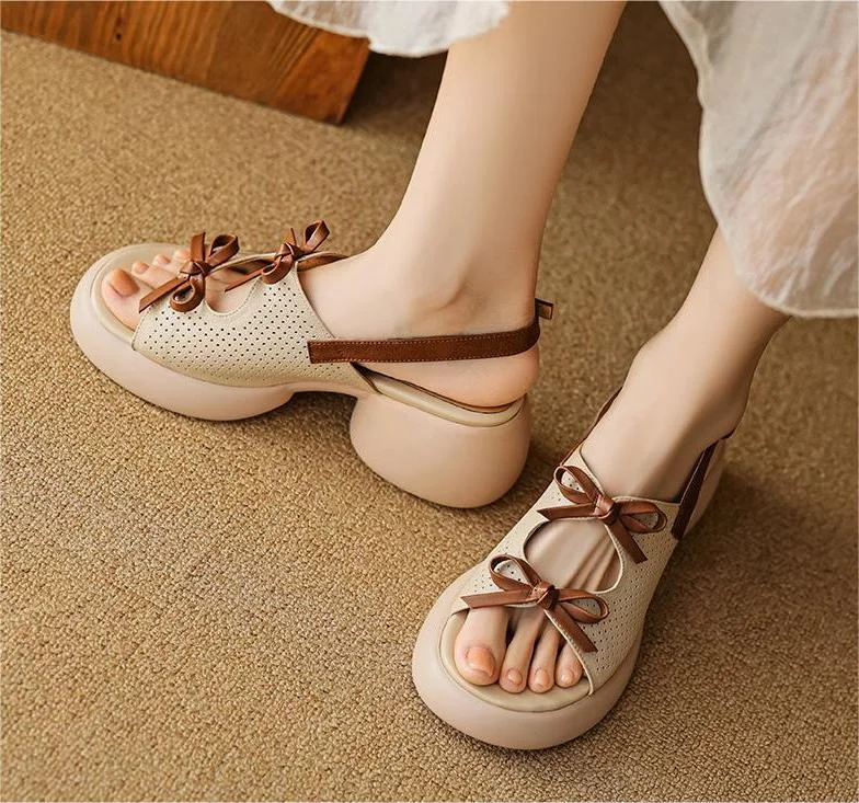 Sandals for summer wear -Retro Bowknot Hollow Chunky Heel Sandals